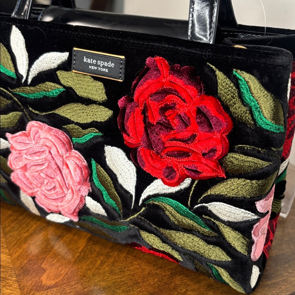 KATE SPADE Sam Icon Rose Garden Embroidery Embellished Velvet Tote - Picture 6 of 12